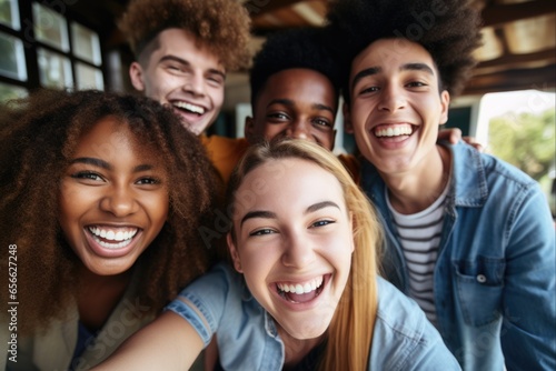 Friendly Multiracial Teenagers Take a Selfie: African American Boy Smiling with Cheerful Friends on Happy Group Meeting
