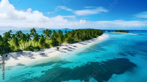 Panoramic aerial view of a tropical beach with palm trees and blue sky
