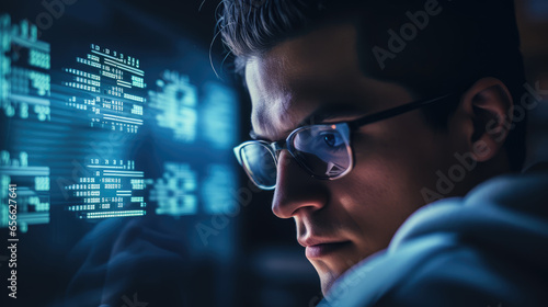 Portrait of young man with eyeglasses looking at digital screen