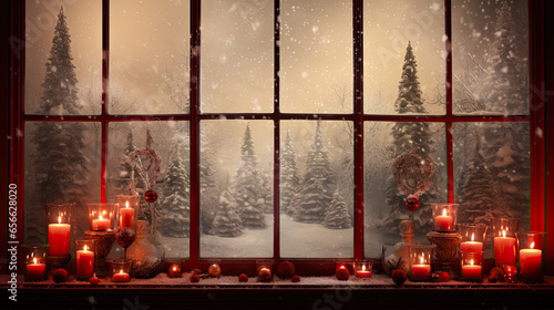Burning candles and Christmas decorations on the windowsill