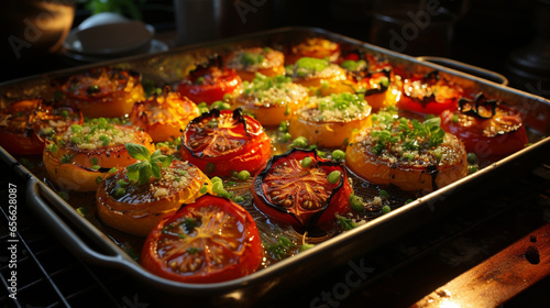 A tray of tomatos and samosas UHD wallpaper Stock Photographic Image