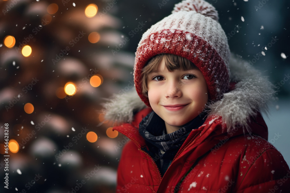 Portrait of boy near Christmas tree. Winter holidays and people concept. Merry Christmas and Happy New Year. Portrait of boy near Christmas tree. Winter holidays and people concept. Merry Christmas and Happy New Year.