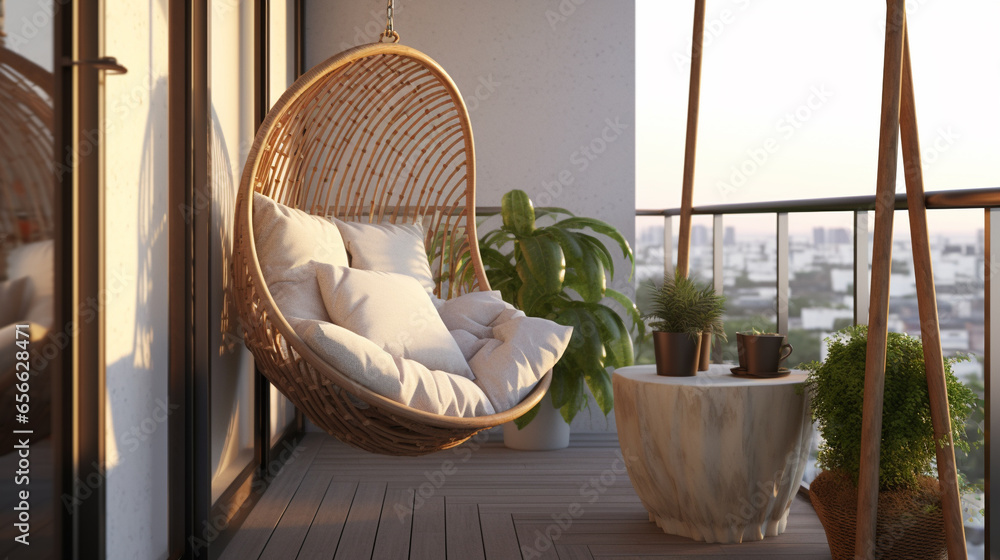 A tranquil balcony retreat with single woven hanging UHD wallpaper Stock Photographic Image A tranquil balcony retreat with single woven hanging UHD wallpaper Stock Photographic Image
