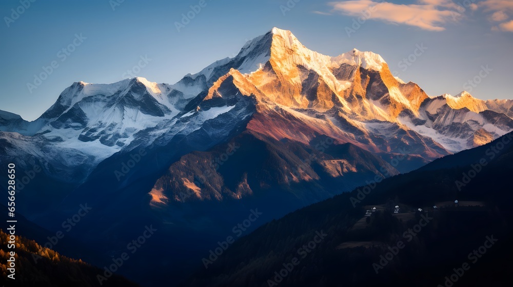 Panoramic view of snow-capped mountain peaks at sunrise