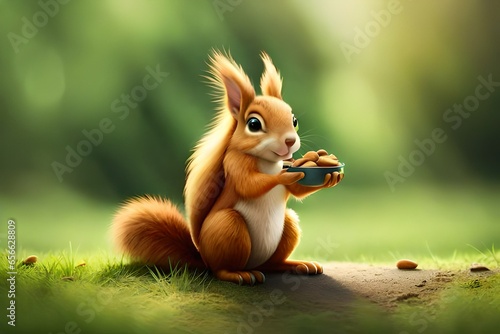 On a white background  a cute cartoon squirrel is sitting with nuts