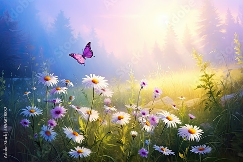 Beautiful natural summer spring panoramic scenery with clover flowers in a meadow and a fluttering butterfly against a blue sky with white clouds. Bright expressive artistic image of summer nature.