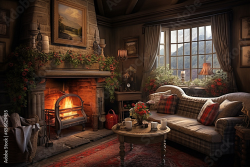 The interior of the living room of the cottage in a traditional English style. AI generated.
