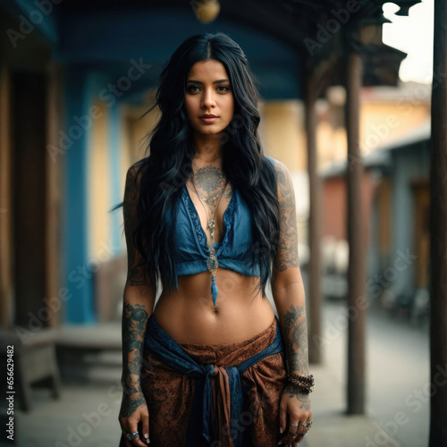 full-body woman, long mesy black hair, in bohemian style clothing, eyes blue, tattoos in arms photo