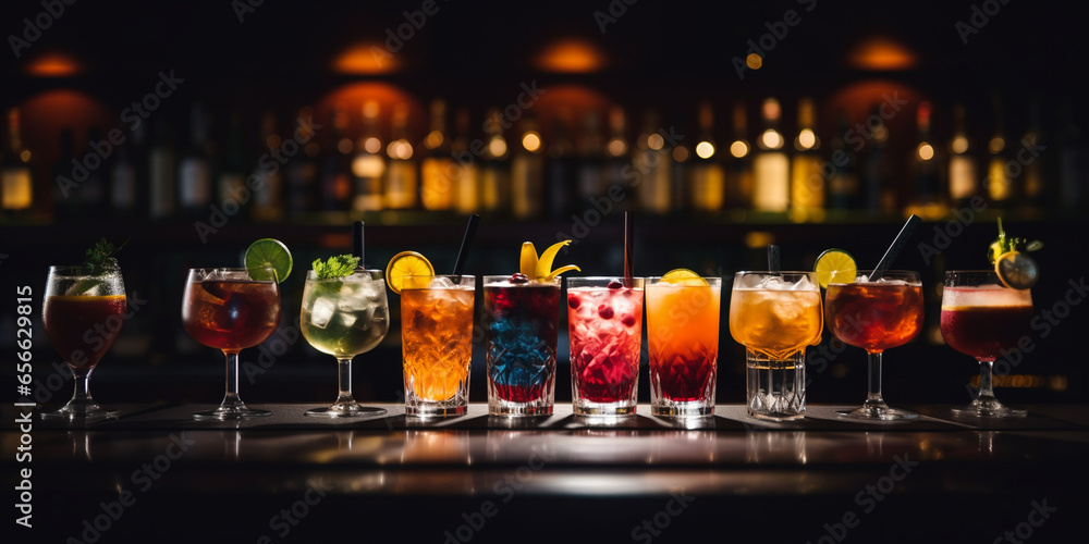 Variety of alcoholic drinks and multi colored cocktails on the reflective surface of bar counter. Blurred shelves with bottles on background. AI generative. - obrazy, fototapety, plakaty 
