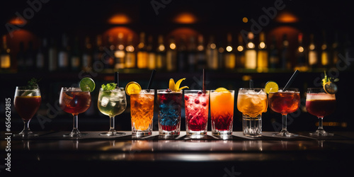 Variety of alcoholic drinks and multi colored cocktails on the reflective surface of bar counter. Blurred shelves with bottles on background. AI generative. photo