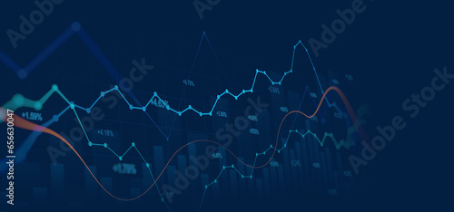 Widescreen Abstract financial graph with uptrend line and bar chart of stock market on blue color background