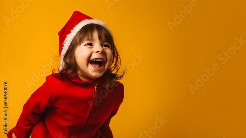 Cute baby girl in santa red suit laughing. Child happiness for christmas celebration. Smiling and joyful kid in red hat for xmas. Portrait on a solid uniform yellow background. With copy space. photo