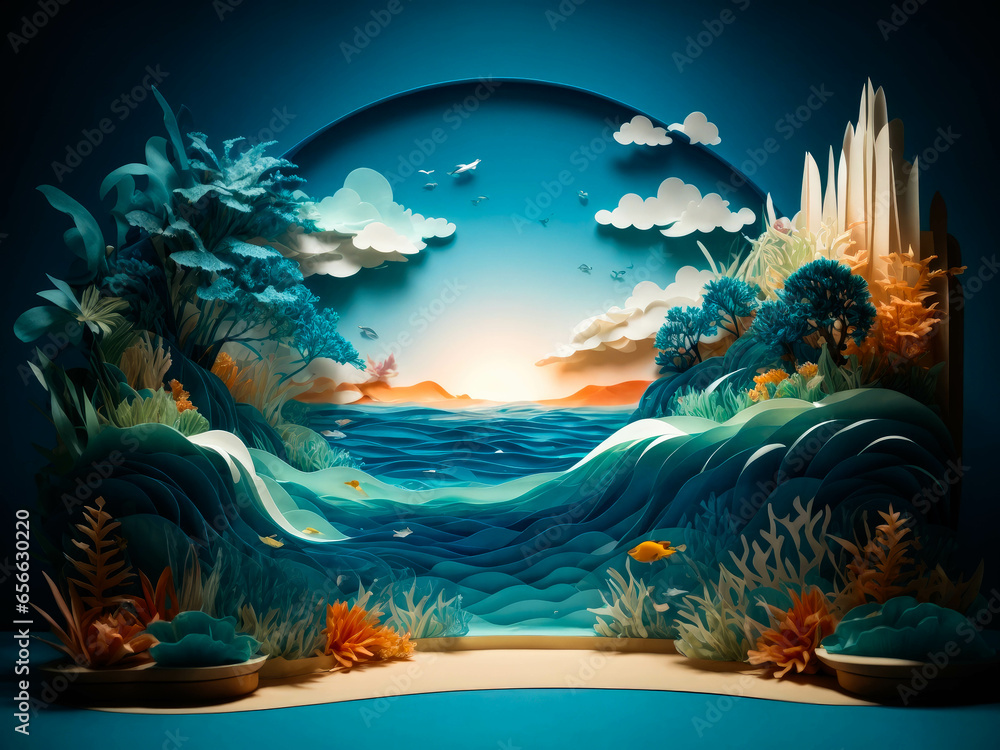 3D multi-layered ocean landscape made from Kirigami in the style of children illustrations