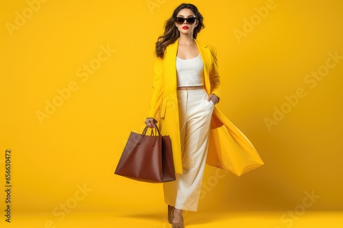 full body beautiful asian woman carrying shopping bags with bright yellow background isolated