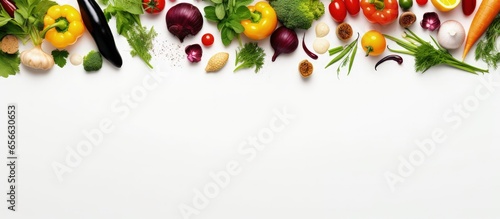 Various fresh vegetables and herbs seen from above and separated on a white background with copyspace for text