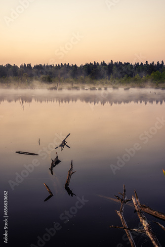 Schwenninger Moos am Morgen.
See bei Sonnenaufgang mit Nebel. photo