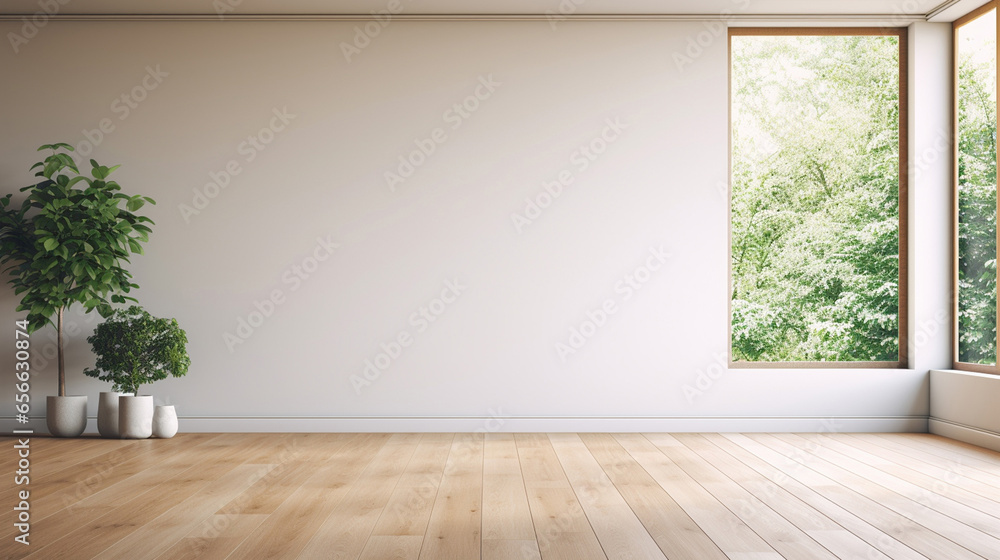 Pusty biały pokój z dużym oknem i drewnianą podłogą - obrazy, fototapety, plakaty 
