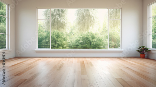 Pusty biały pokój z dużym oknem i drewnianą podłogą