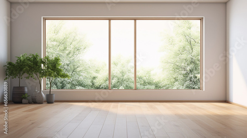 Pusty biały pokój z dużym oknem i drewnianą podłogą © VILKTERIO