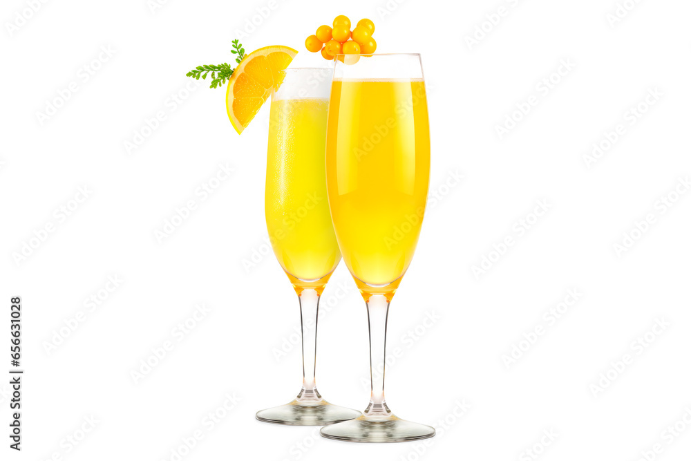 Set of Mimosa cocktails with bubbly champagne and orange juice on white background