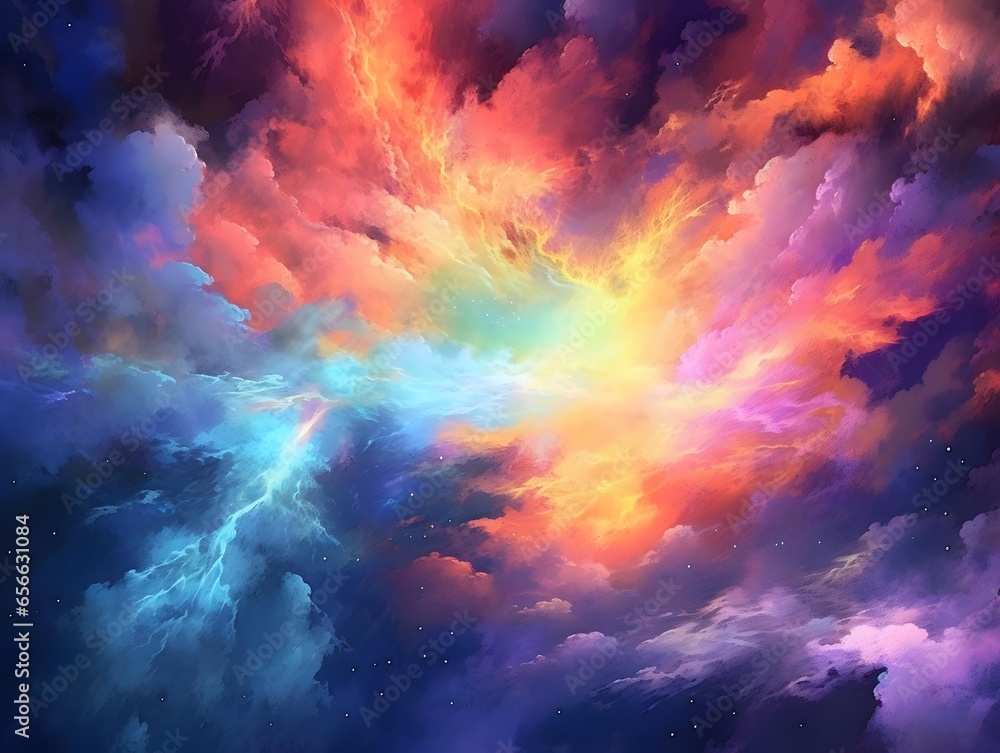 Colorful fantasy clouds in the night sky. 3d render illustration