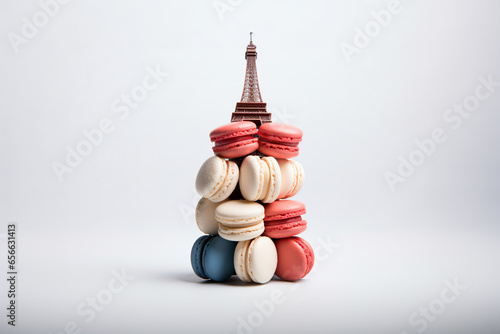 Paris 2024 Olypics concept: French flag colored macarones stacked as Eiffel Tower
