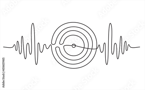 One continuous line drawing of Vinyl LP record with musical notes. Vintage black disk and Retro sound album in simple linear style.