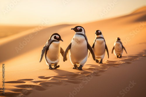 A family, a group of penguins are walking through the desert.