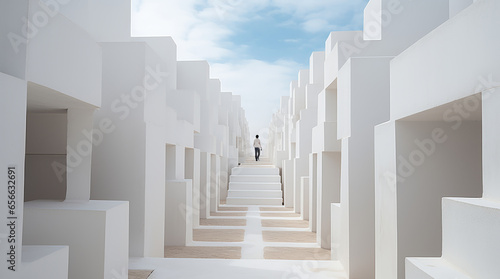 White Block Minimalistic Modern Architecture. White Building exterior on a sunny day with blue sky.