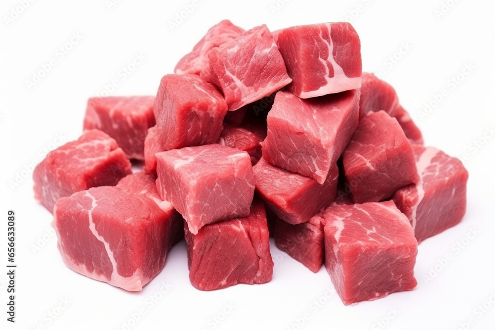 Fresh meat, meat cubes for frying isolated on white. - obrazy, fototapety, plakaty 