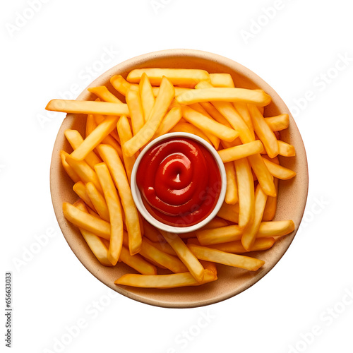 French fries or potato chips with ketchup top view isolated on white