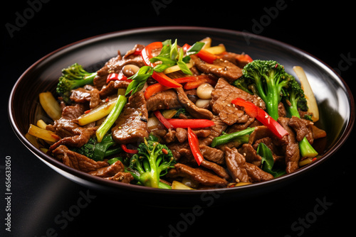 Beef, stir fry with vegetables, restaurant dish on plate.
