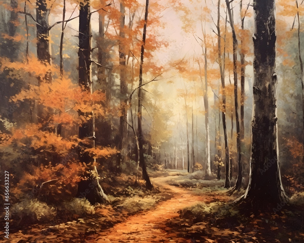 Panoramic view of a path in an autumn forest with fallen leaves