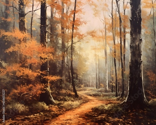 Panoramic view of a path in an autumn forest with fallen leaves