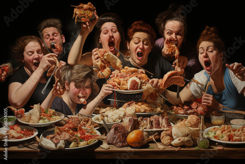 Overeating harm concept. Many people are sitting at the table, there are heaps of food on the table. AI generated. photo