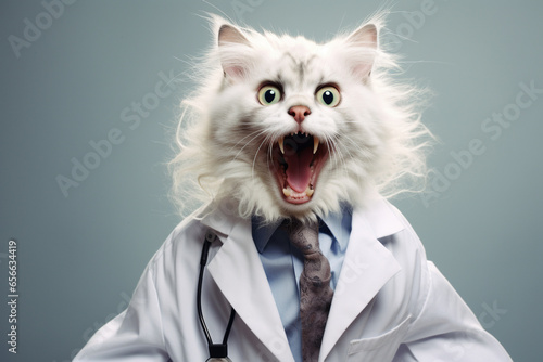 The cat in the white coat is a crazy funny doctor. Abstract illustration. AI generated. photo