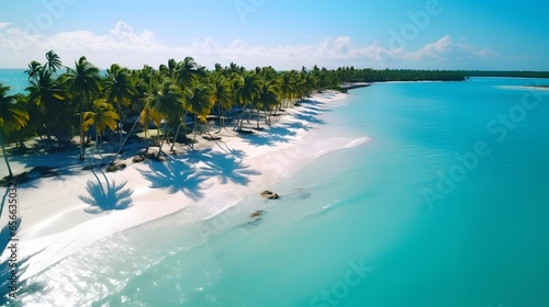 Panorama of a tropical beach with palm trees and turquoise water