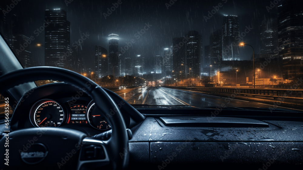 Fototapeta premium Driving the car at night. Point of view of driver from inside car. Night city.