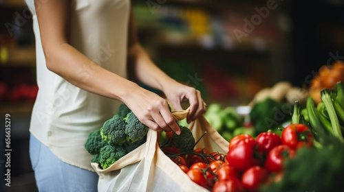 stockphoto, Female hands puts fruits and vegetables in cotton produce bag at food market. Reusable eco bag for shopping. Zero waste concept. Reusable bag. Eco friendly.