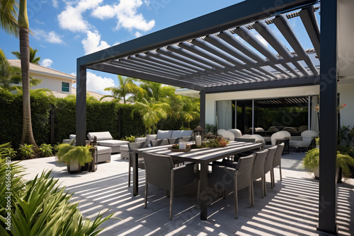 Canvas-taulu Cozy patio with sofas and a table. Pergola shade over patio.