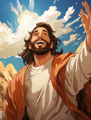 Cartoon Jesus Christ greets and rejoices on a sunny day. AI
