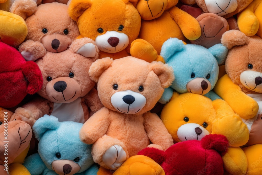 A lot of multicolored teddy bears pile together. Top view A lot of multicolored teddy bears pile together. Top view