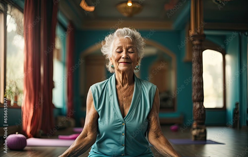 Active aging, happy retirement. Joyful elderly woman doing yoga, spiritual practices. Active aging, happy retirement. Joyful elderly woman doing yoga, spiritual practices.