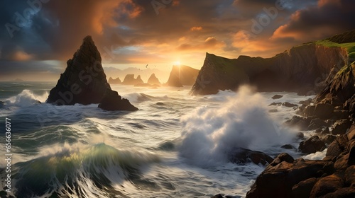Panorama of a stormy Atlantic Ocean at sunset, Iceland.