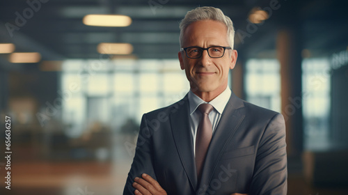 Smart mature businessman with glasses smiling and looking at camera