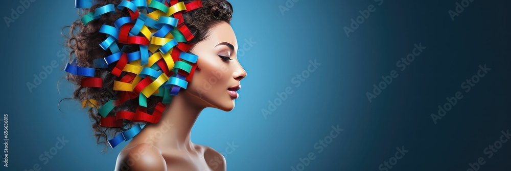 Different way of thinking: woman with multicolored radars in head - obrazy, fototapety, plakaty 