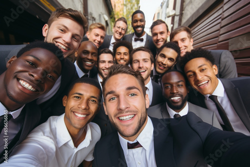 A multinational group of young guys - friends of the groom  take a selfie at a wedding or engagement.