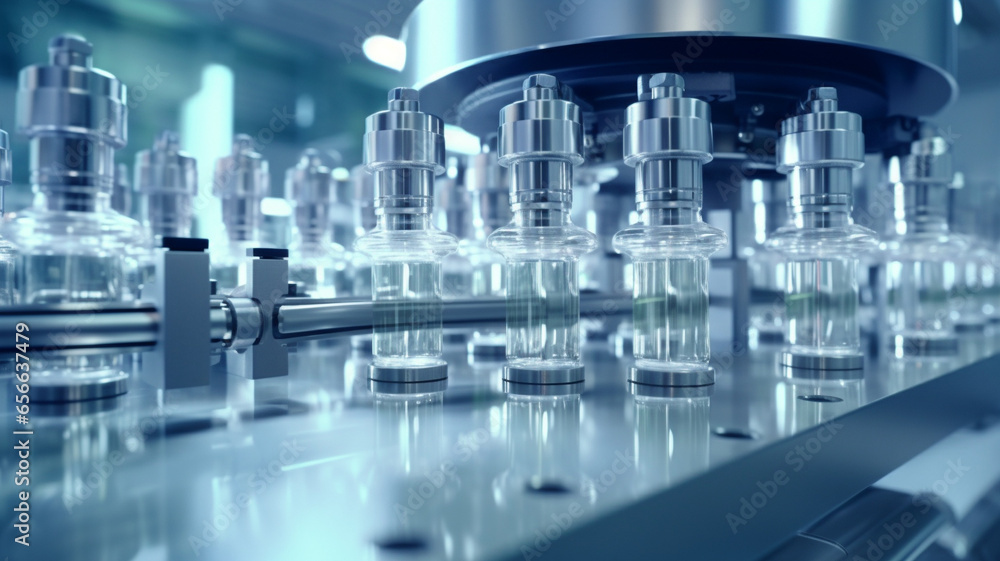 The production process of medical ampoules at a drug factory. Conveyor. AI generated. The production process of medical ampoules at a drug factory. Conveyor. AI generated.