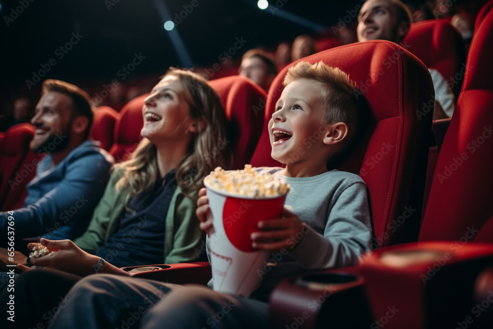 An American-looking family enjoys sitting in a movie theater. AI generated. - obrazy, fototapety, plakaty 