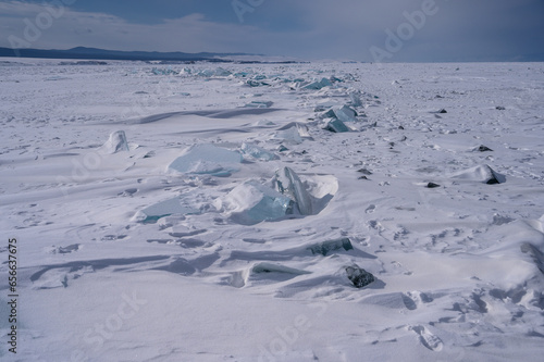 On the ice of Lake Baikal. beautiful pieces of ice. Ice hummock on the ice of lake Baikal